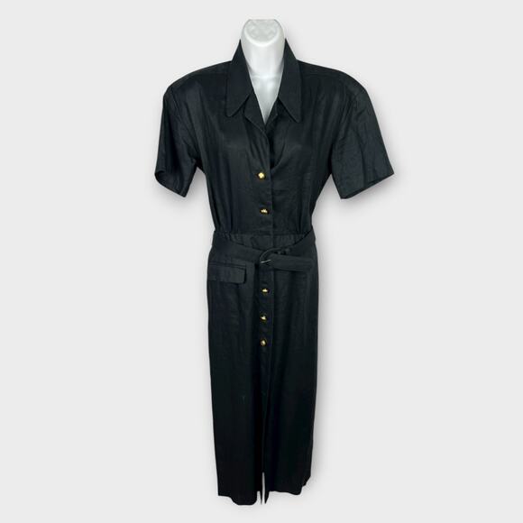 Vintage 80s Evan Picone Black Collard Linen Maxi Shirt Dress Size 4 Classic - Picture 1 of 8